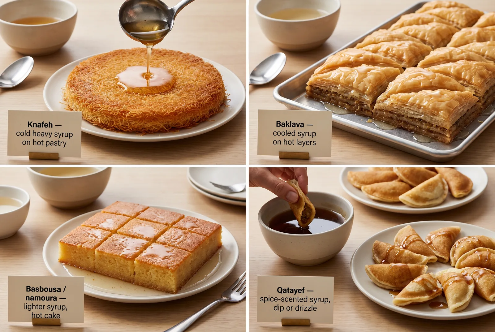 Grid of four Arab sweets finished with attar — knafeh, baklava, basbousa and qatayef — each with its syrup rule