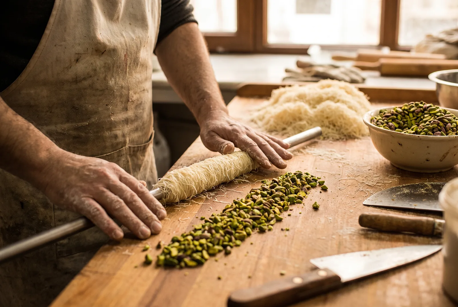Hands rolling shredded kataifi around a line of green pistachio on a metal rod to form borma cylinders