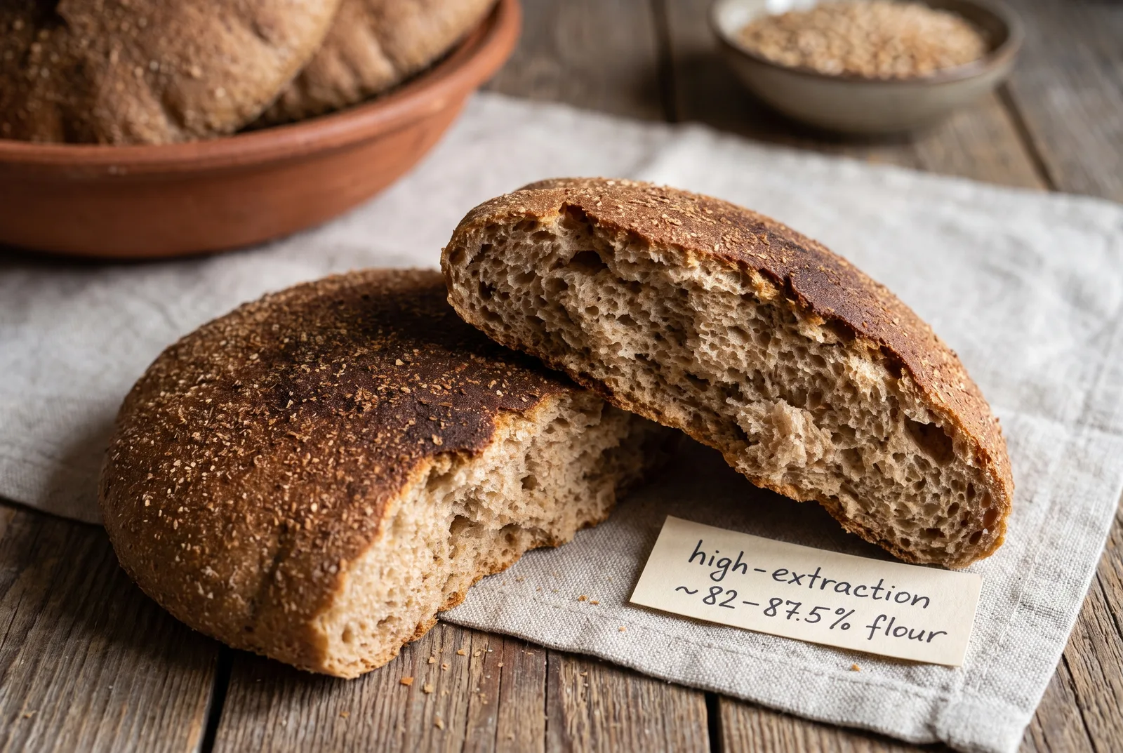 Round flat high-extraction brown Arabic bread (khubz asmar / baladi loaf) with a rustic bran-flecked crust and a soft open crumb.