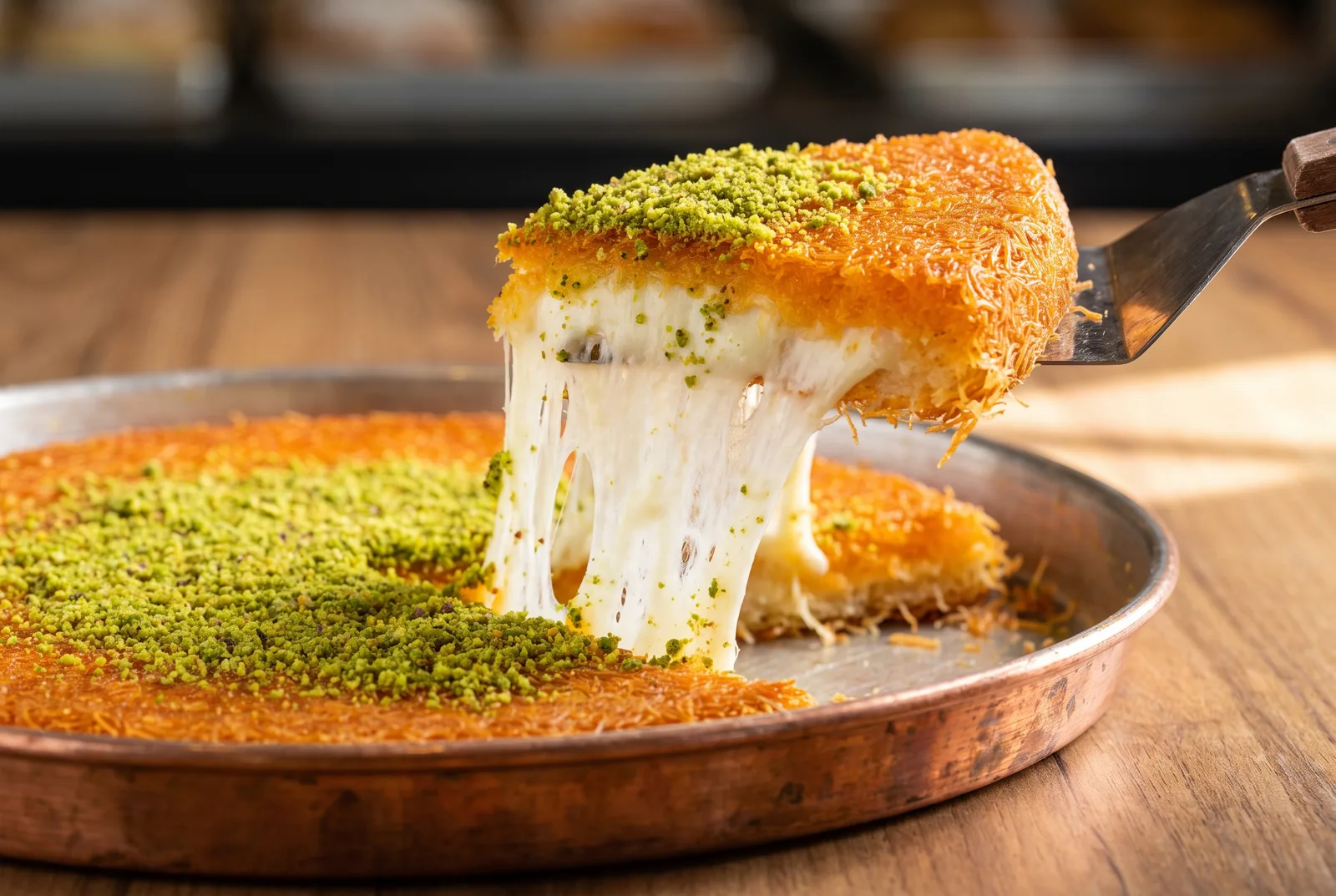 Close-up of Nabulsi cheese knafeh with an orange top, crisp base, molten cheese stretch and green pistachio