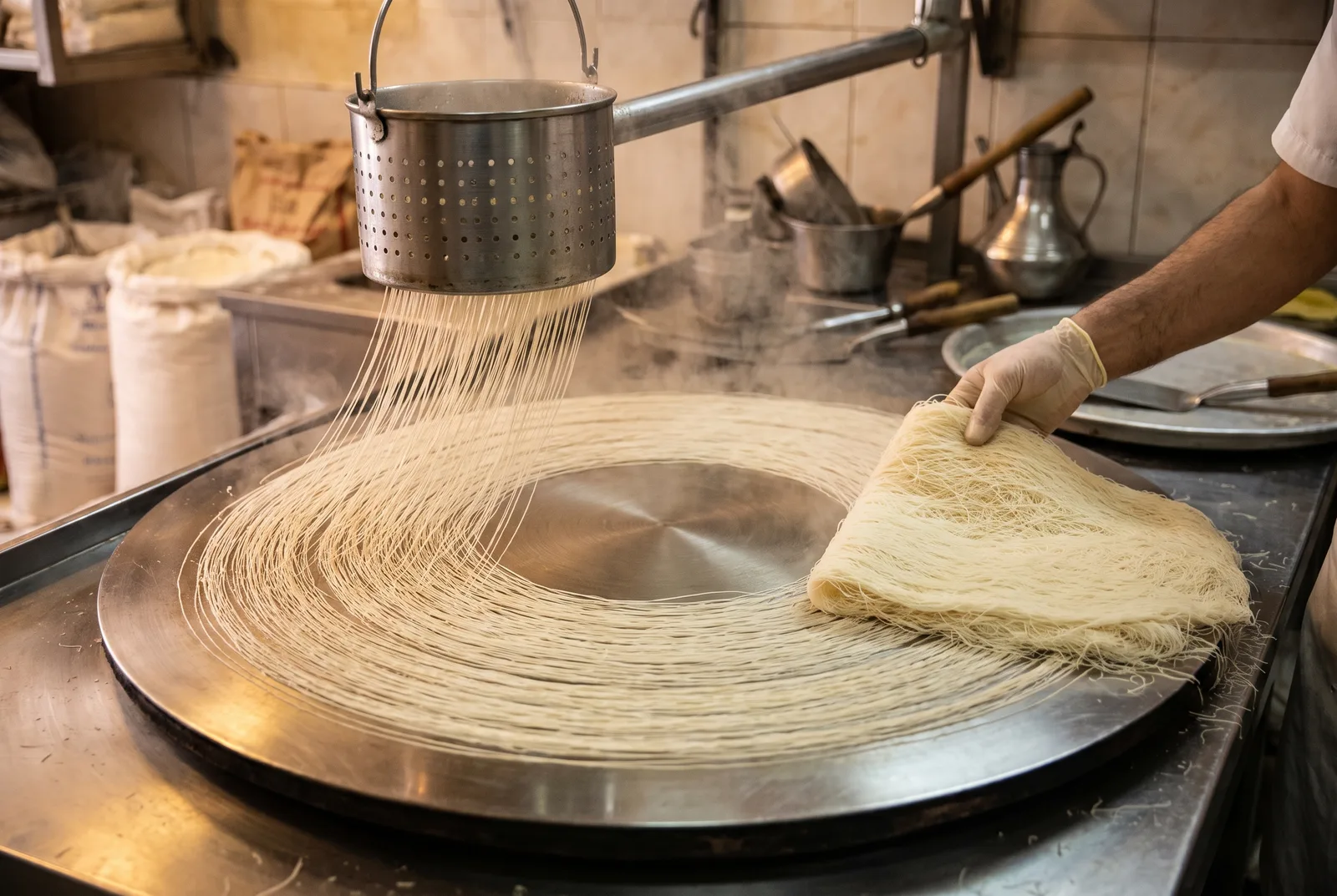 Kataifi threads being formed as batter drips from a perforated dispenser onto a rotating hot metal plate