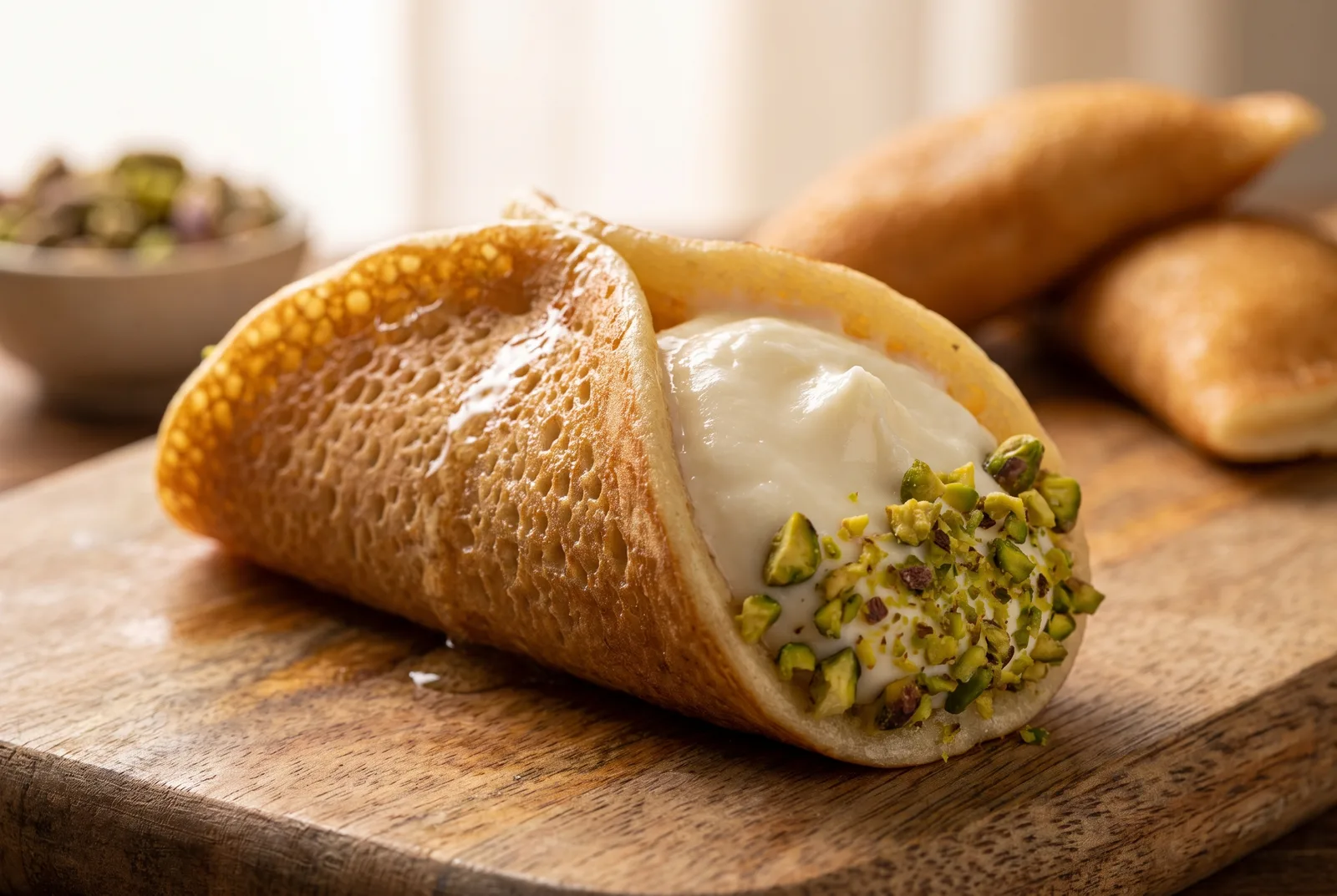Close-up of a cream-filled qatayef asafiri with a green ground-pistachio crown