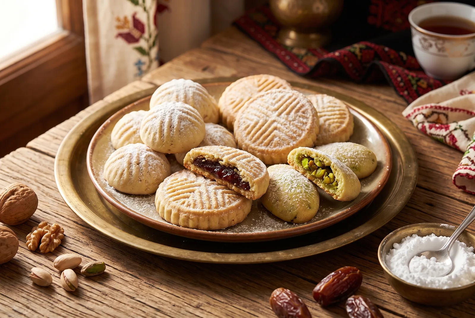 Plate of finished maamoul — domed walnut, patterned date and oval pistachio cookies, one broken to show the filling