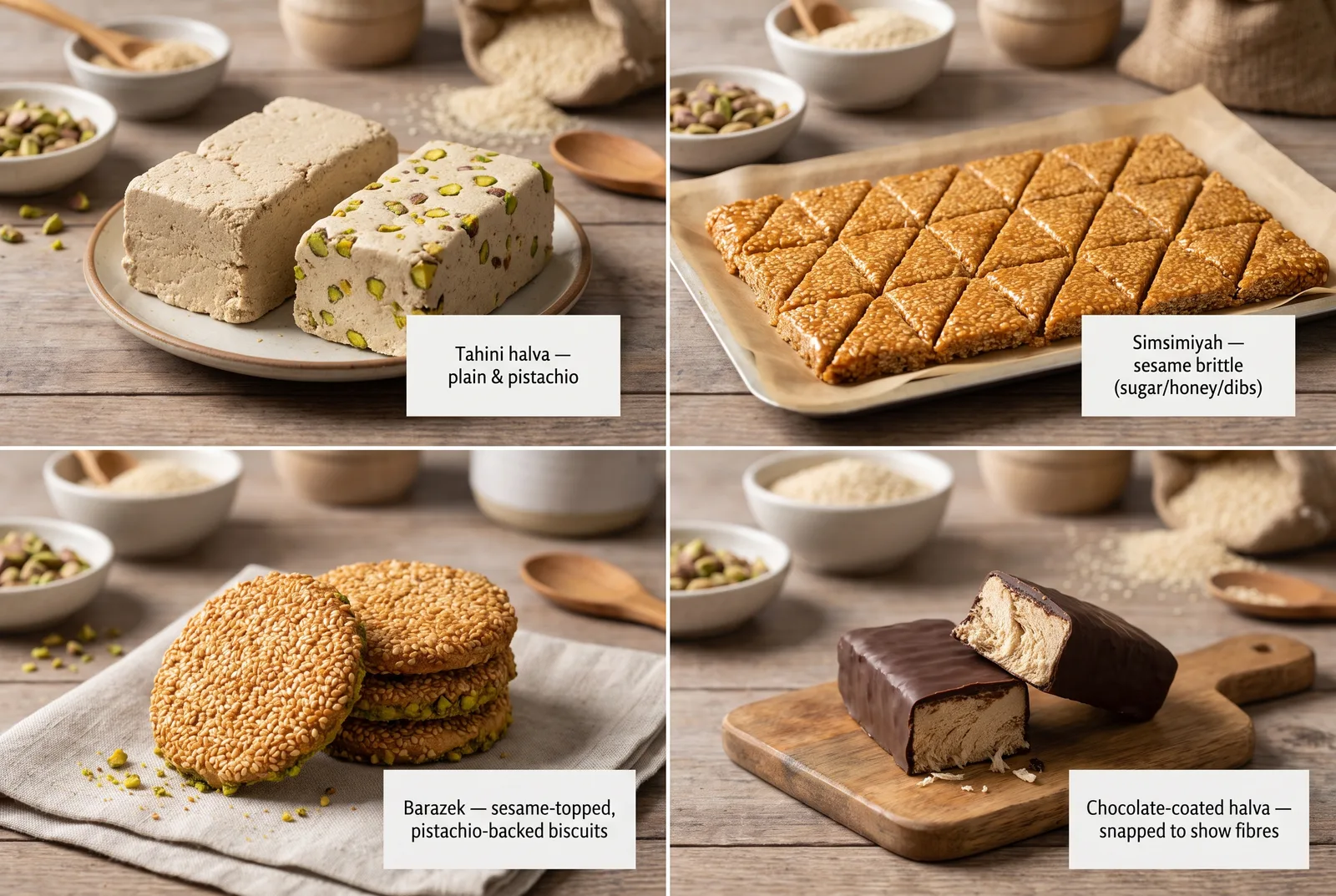 Grid of four Arab sesame sweets: tahini halva, simsimiyah sesame brittle, barazek biscuits and chocolate-coated halva