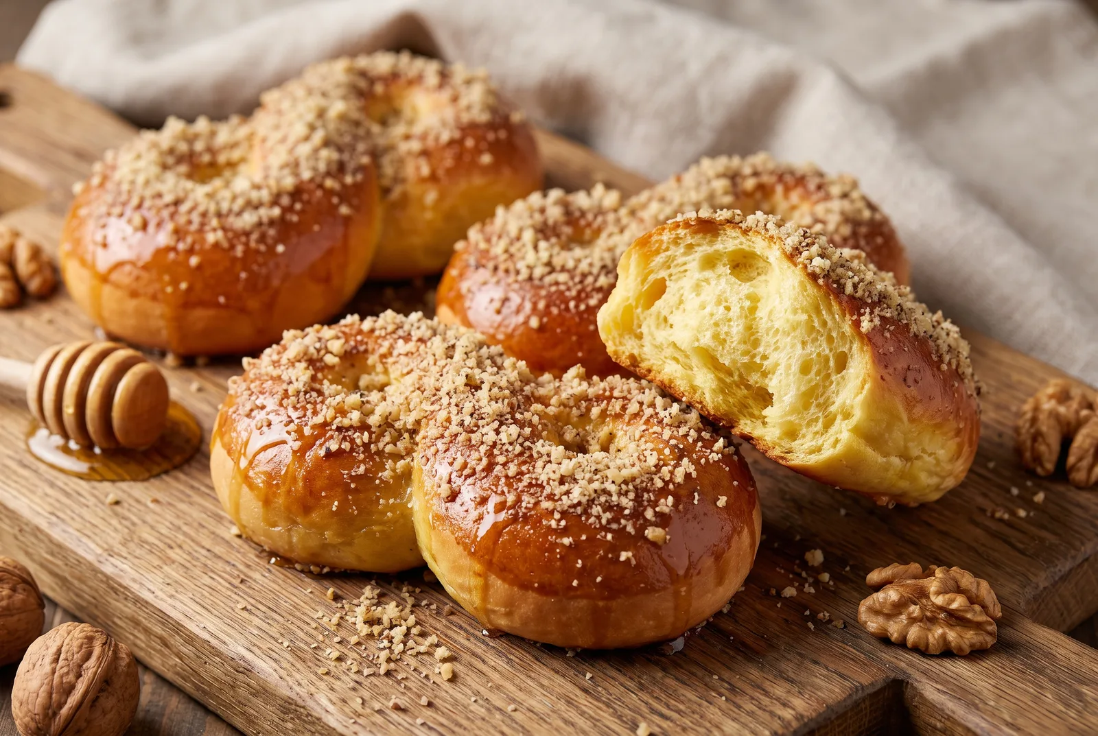Close-up of baked Moldavian mucenici glazed with honey and coated in ground walnut, one torn open