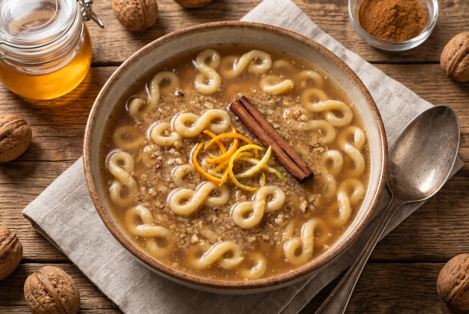 Bowl of small Muntenian mucenici twists in a sweet cinnamon-walnut broth