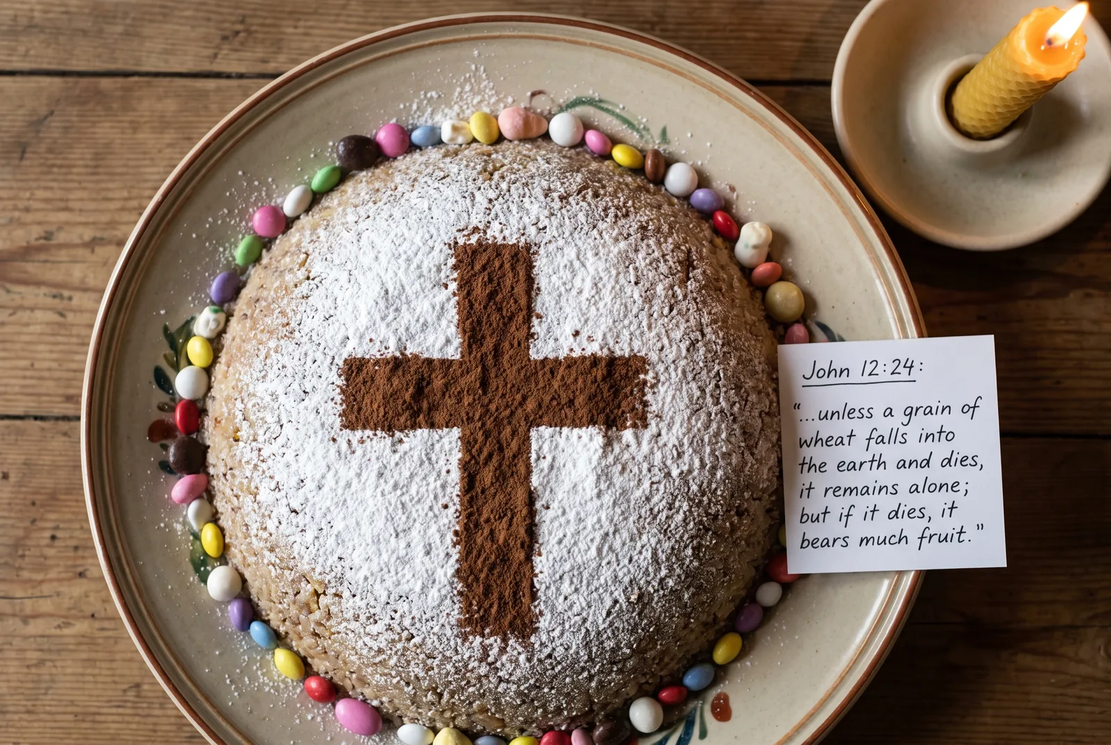 Plate of Romanian coliva - boiled wheat with walnuts, dusted and marked with a cocoa cross