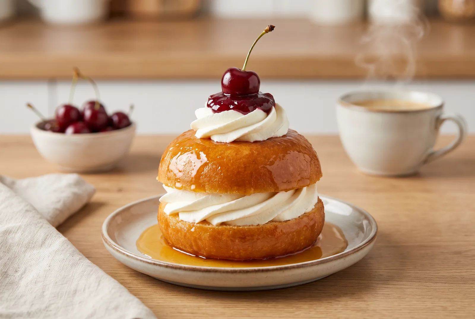 A single savarină soaked in rum syrup, topped with whipped cream and a cherry