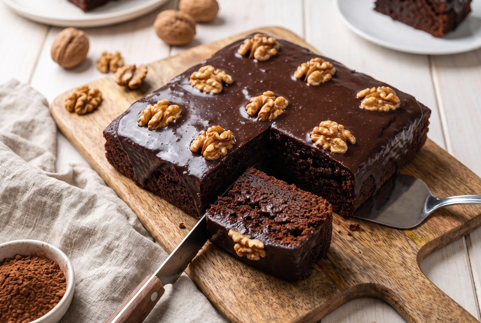 A fudgy dark negresă square with chocolate glaze and walnuts, showing a dense moist crumb