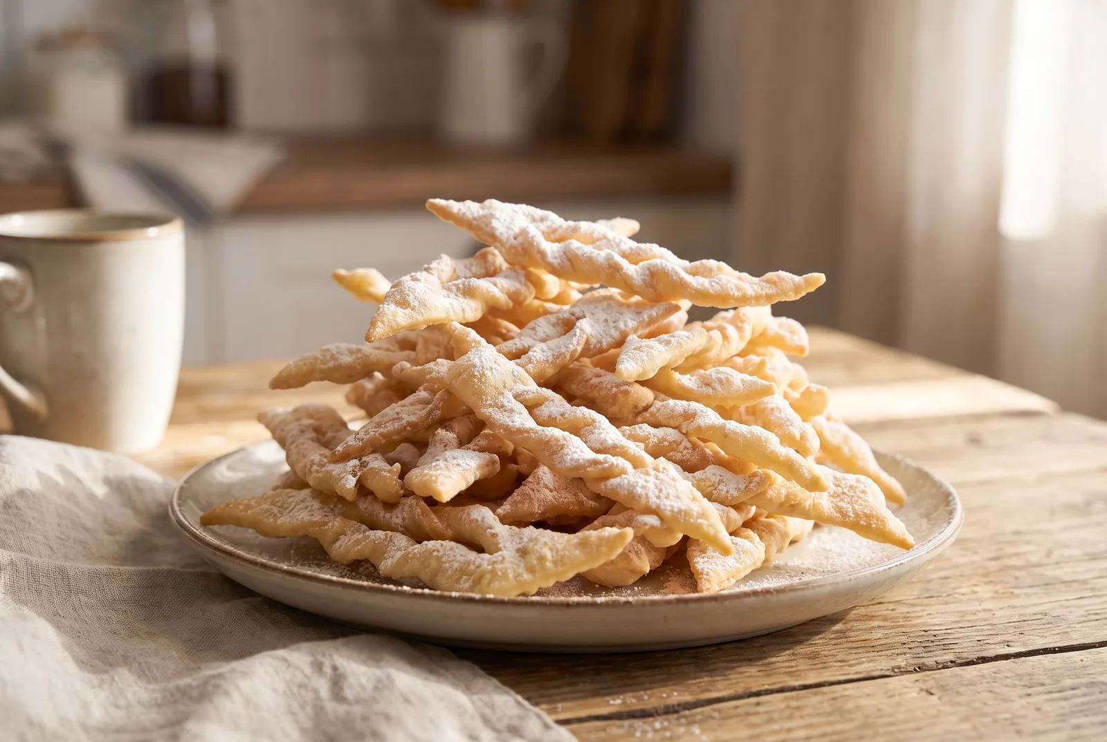 Plate of golden Lithuanian žagarėliai fried twists dusted with icing sugar