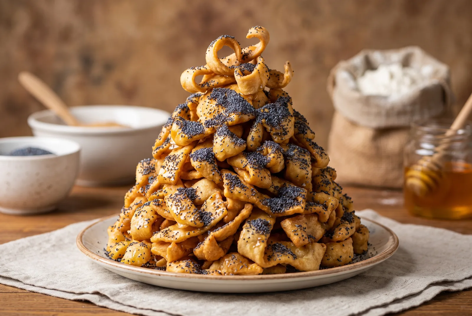 Lithuanian skruzdėlynas anthill cake — a honey-bound cone of fried pastry ribbons dusted with poppy seeds