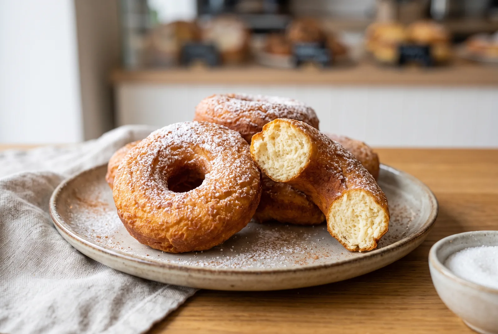 Lithuanian varškės spurgos curd-cheese doughnut rings dusted with sugar and cinnamon