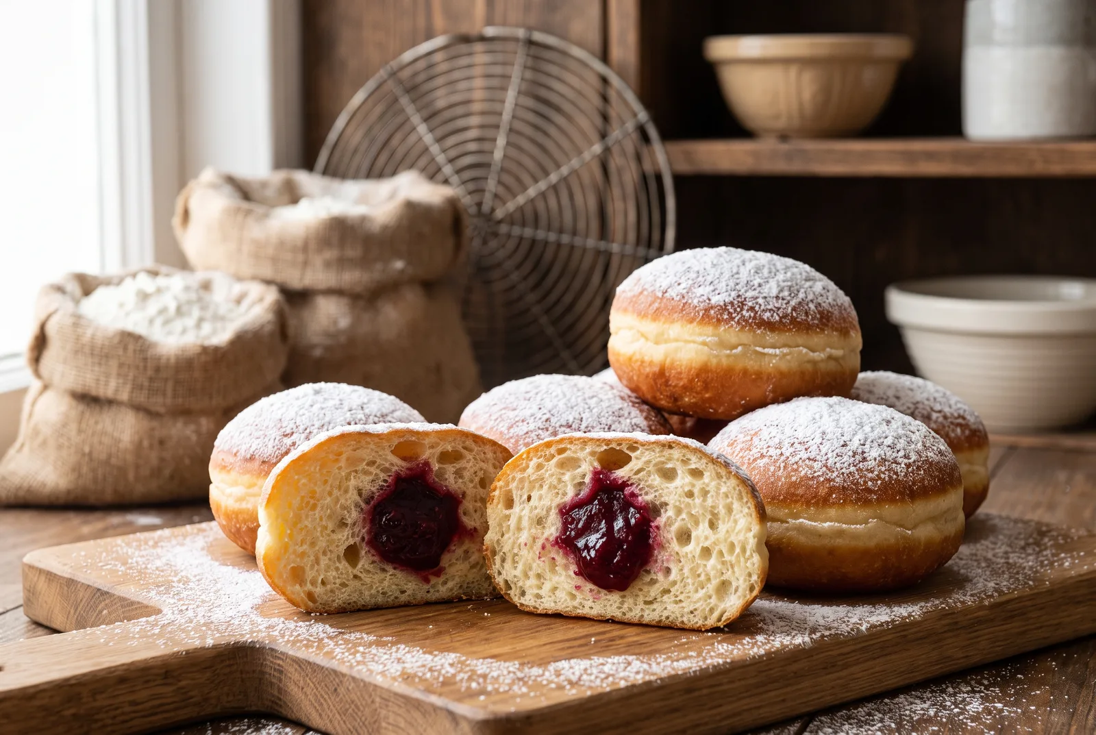 Jam-filled Lithuanian yeast doughnuts (mielinės spurgos) with airy crumb