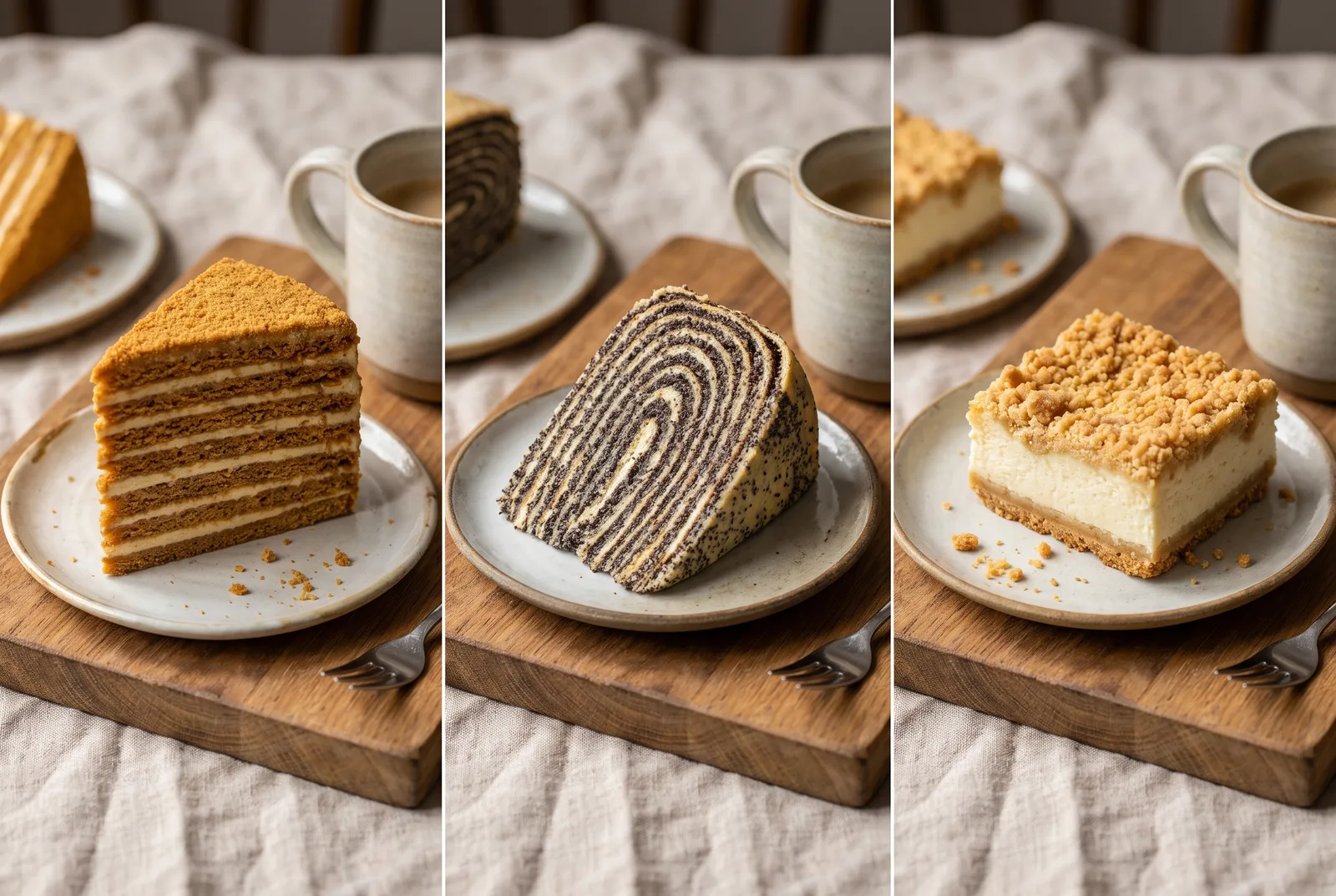 Three Lithuanian layer cakes side by side: a layered honey cake slice, a spiral hundred-layer poppy pastry, and a crumble curd-cheese cake square