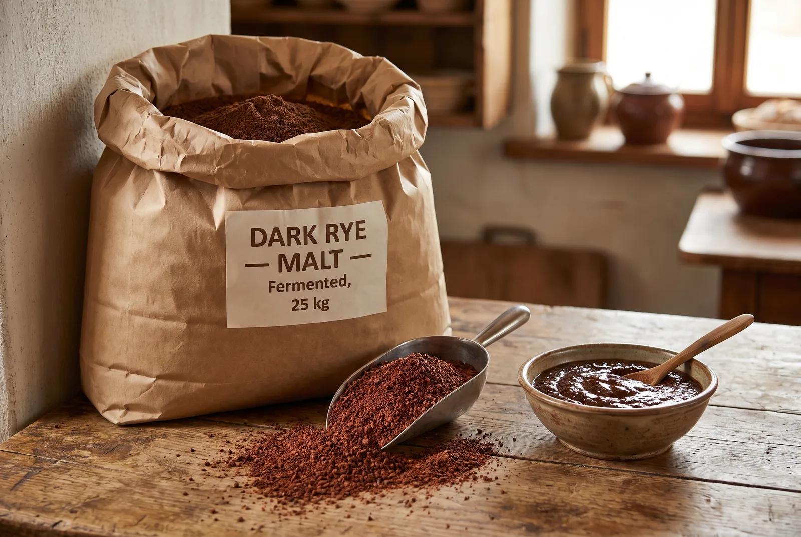 Lithuanian dark rye malt bag with rye flours and caraway seeds - the ingredients for a scalded rye loaf