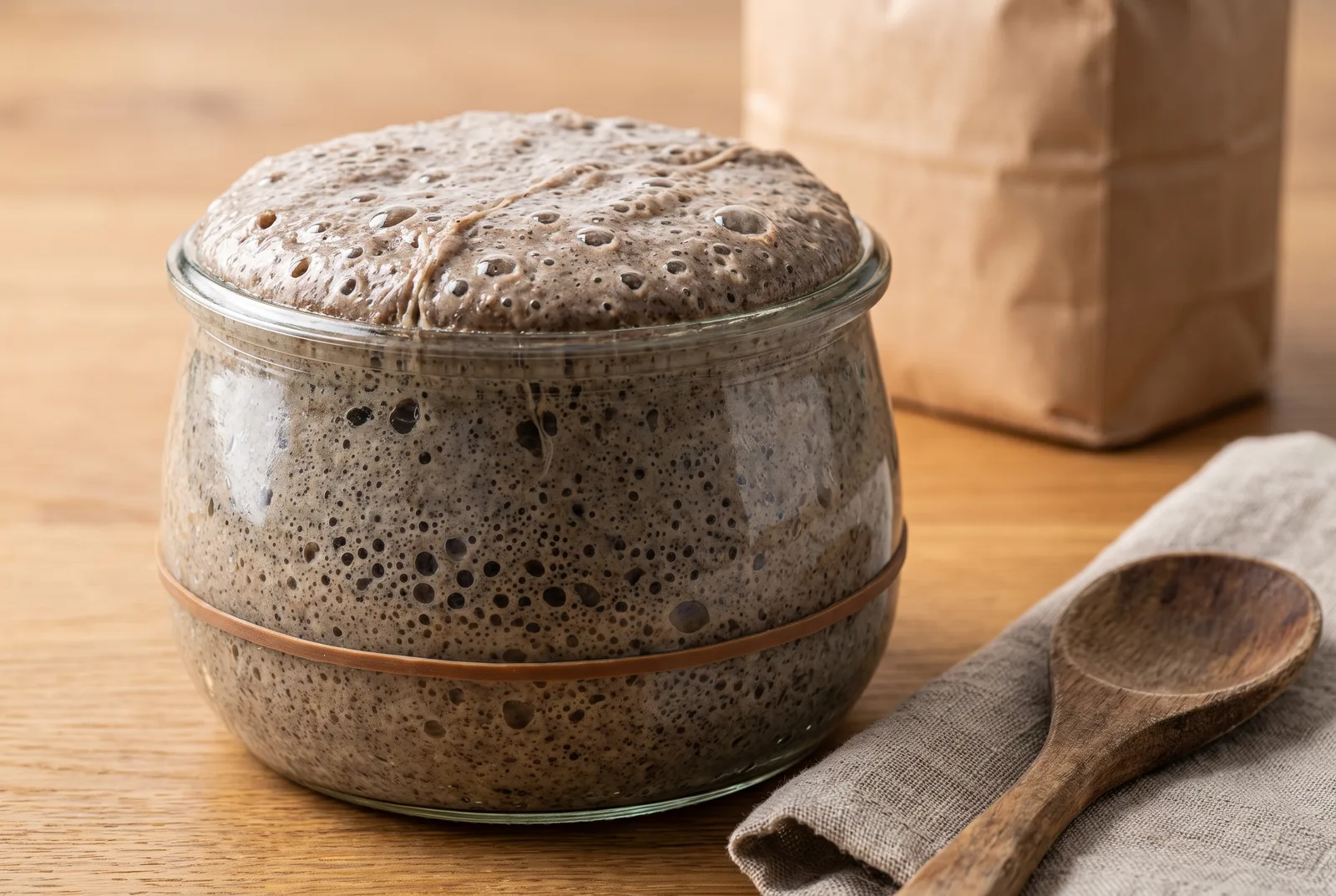 Active Lithuanian rye sourdough starter (raugas) bubbling at peak in a glass jar