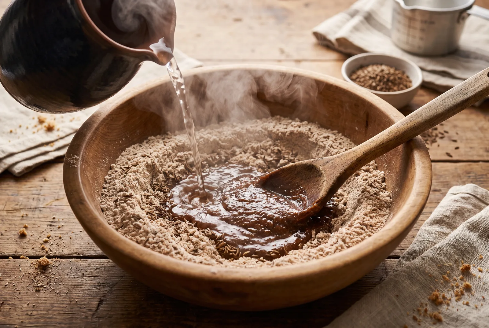 Scalding rye flour with boiling water (plikymas) for Lithuanian scalded rye bread