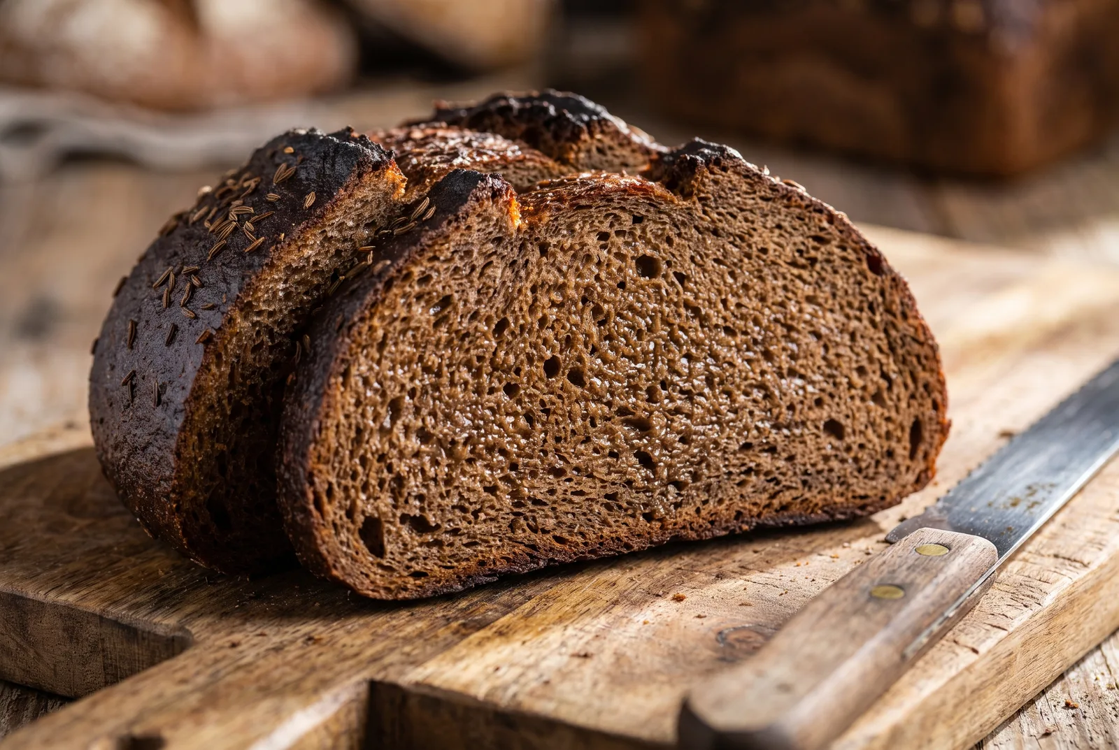 Sliced dark rye sourdough showing dense moist close crumb and dark crust