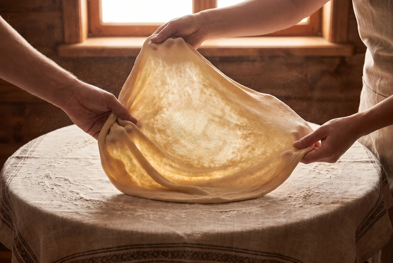 Hands stretching wheat dough thin enough to see through, making hand-pulled filo sheets