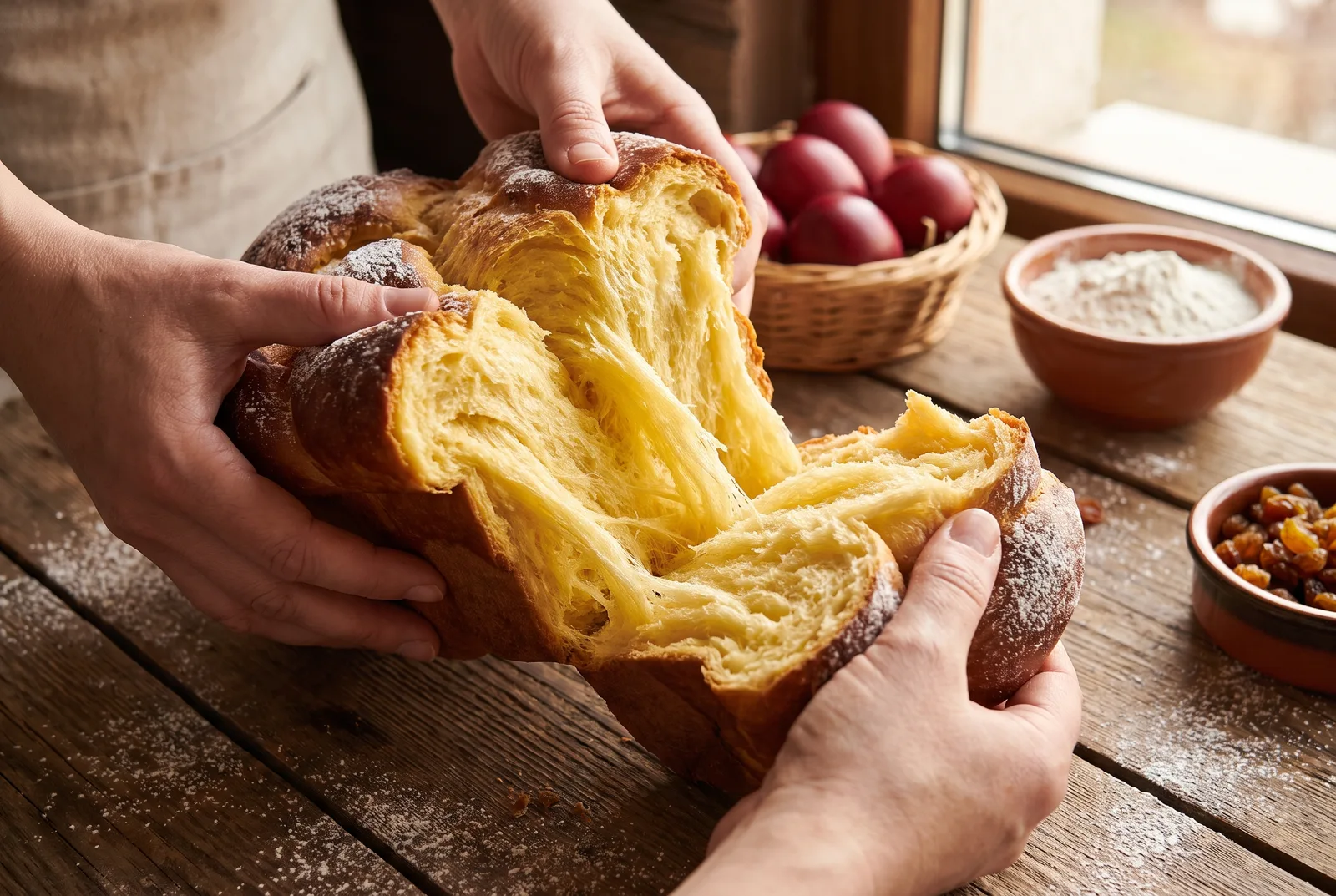 Close-up of a hand tearing a baked kozunak, the golden enriched crumb separating into long silky fibrous strands, showing the pull-apart 'na kontsi' texture that a strong high-gluten flour produces.