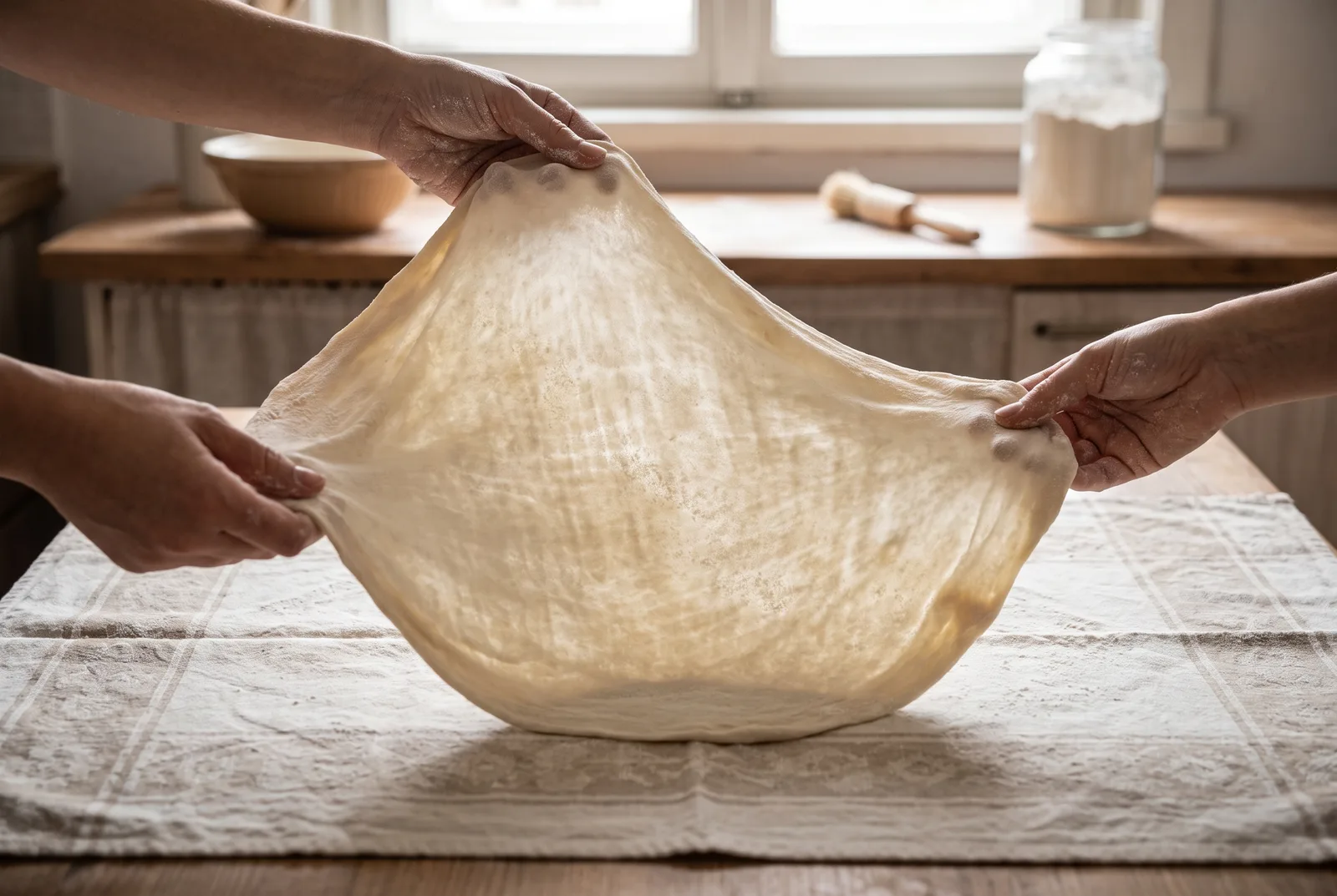 A baker stretching a disc of dough into a paper-thin, translucent banitsa sheet (кора) over a floured cloth, the sheet so thin the pattern beneath shows through — demonstrating the extensibility a Type 500 / dedicated banitsa flour gives.