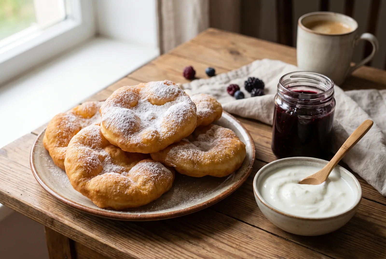 A plate of golden, puffed mekitsi (Bulgarian fried dough) dusted with icing sugar, with a bowl of thick white kiselo mlyako (Bulgarian yogurt) and fruit jam alongside — the classic breakfast that starts from a Type 500 yeast-and-yogurt dough.