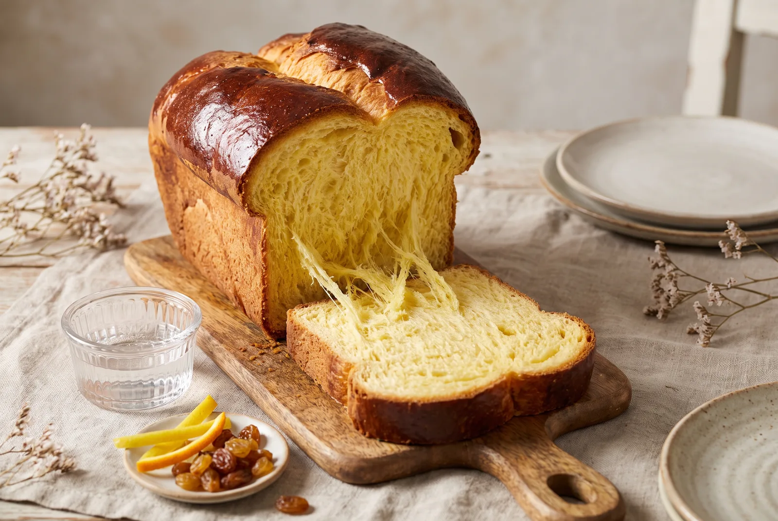 Sliced Bulgarian kozunak with a dish of rose water and citrus zest
