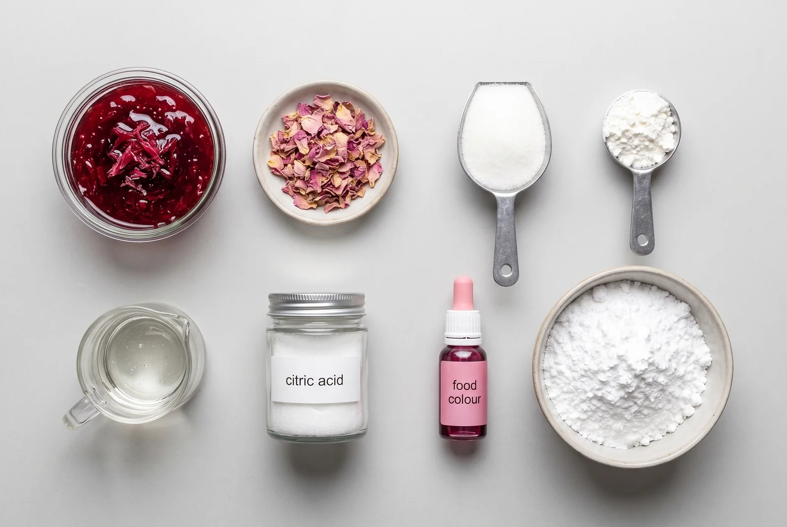 Flat-lay of Domson catalogue ingredients for rose sweets: rose petal filling, sugar, maize starch, citric acid, food colour