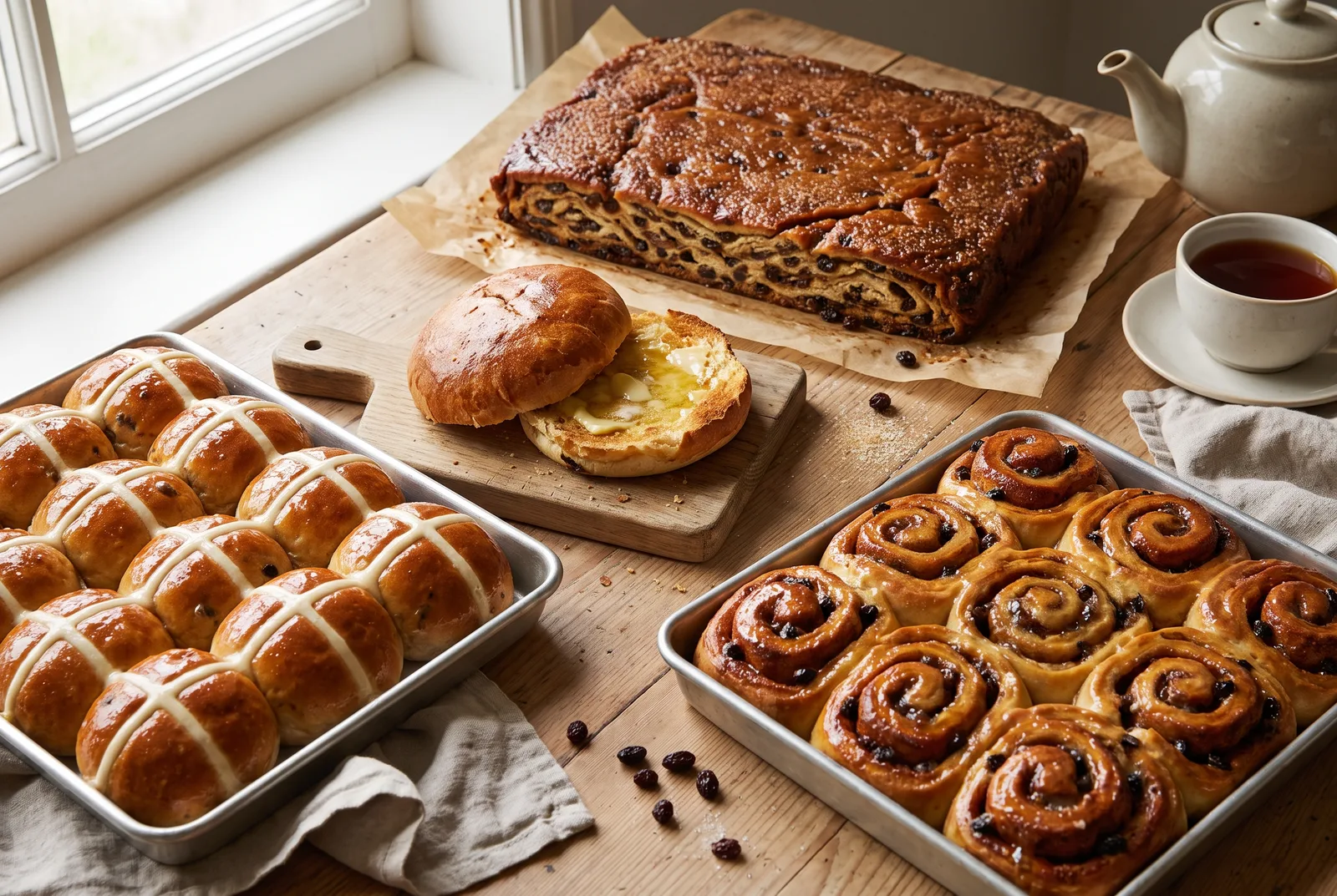 British enriched teatime bakes: glazed hot cross buns, spiral Chelsea buns, caramelised lardy cake and a split toasted Yorkshire teacake