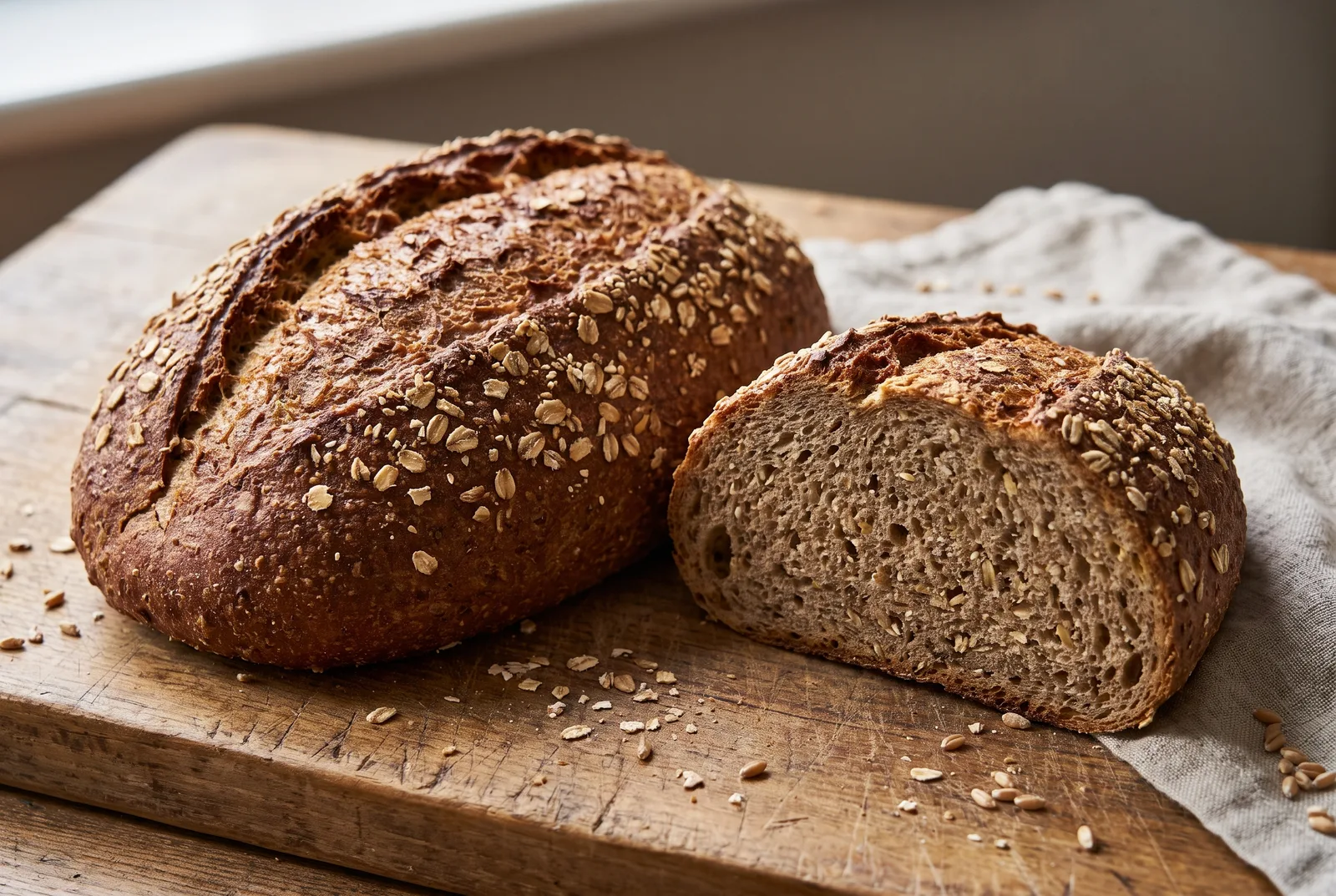A domed malted brown loaf, its crust and crumb speckled with visible malted wheat flakes, illustrating a malted-brown / granary-style flour.