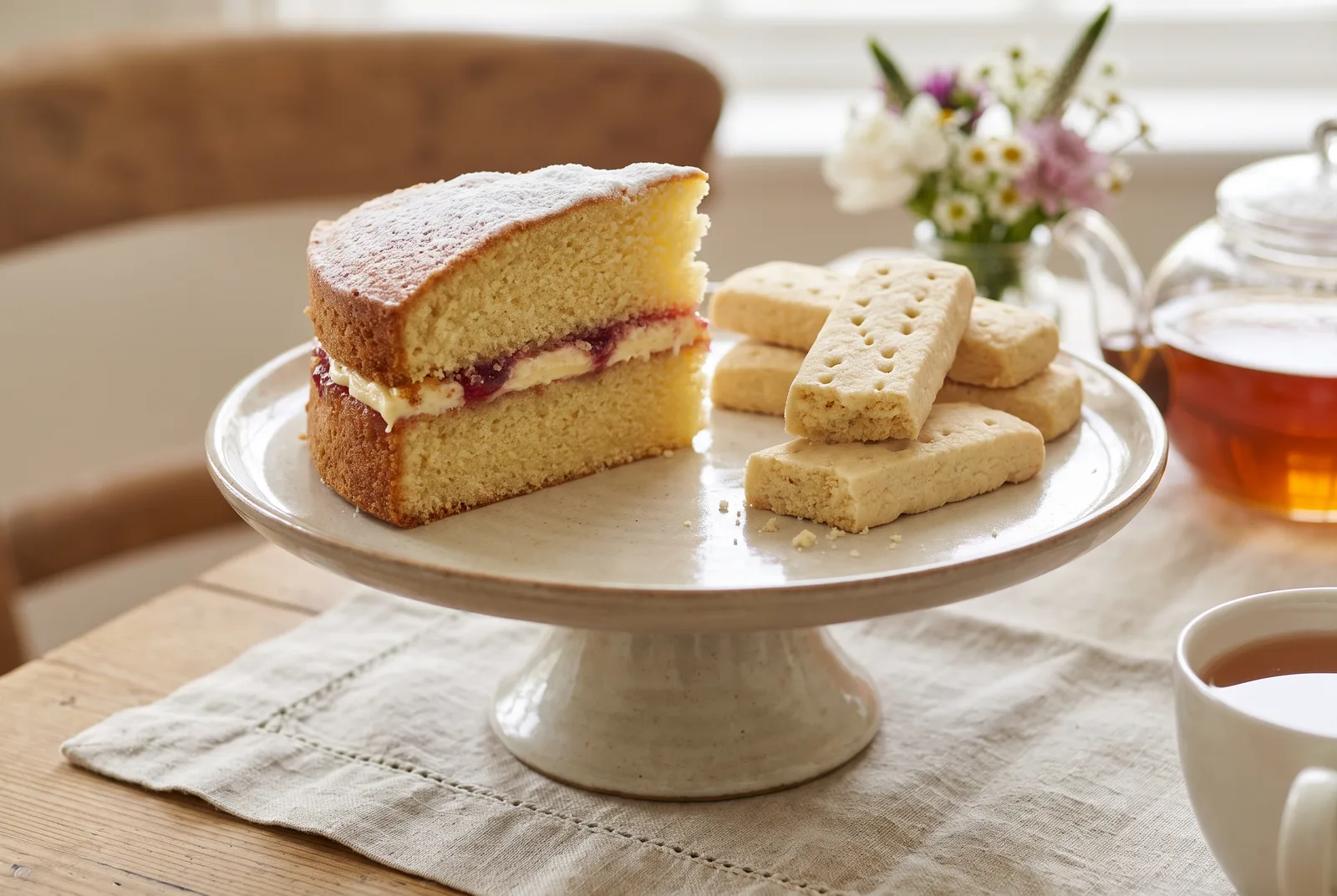 A light Victoria sponge cut to show a fine, tender crumb, beside pale shortbread fingers — both made from soft, low-protein British flour (7.5-9.5% protein).