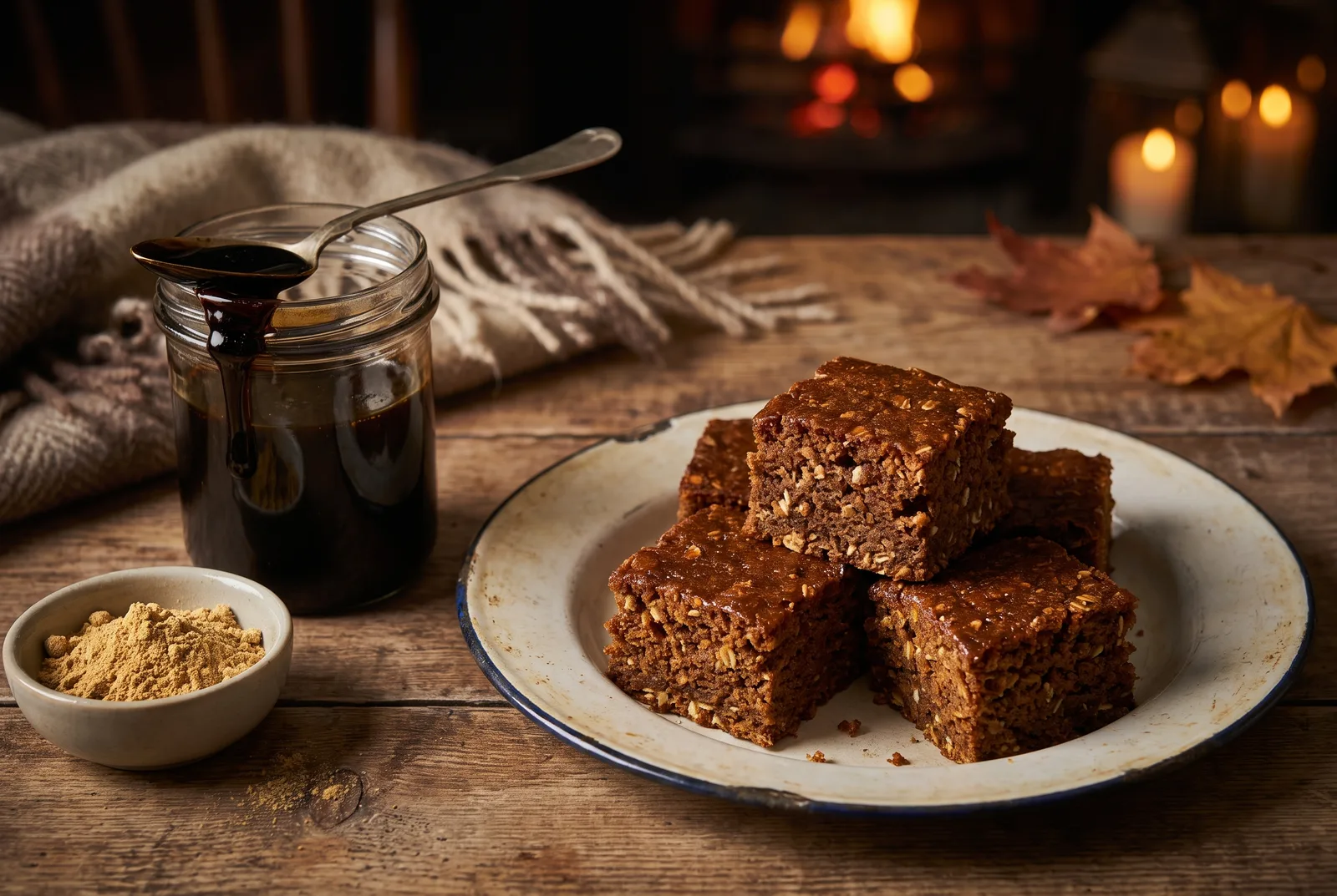 Dark, dense Yorkshire parkin cut into squares on a wire rack, the sticky treacle-brown crumb visibly flecked with medium oatmeal, beside a jar of black treacle.
