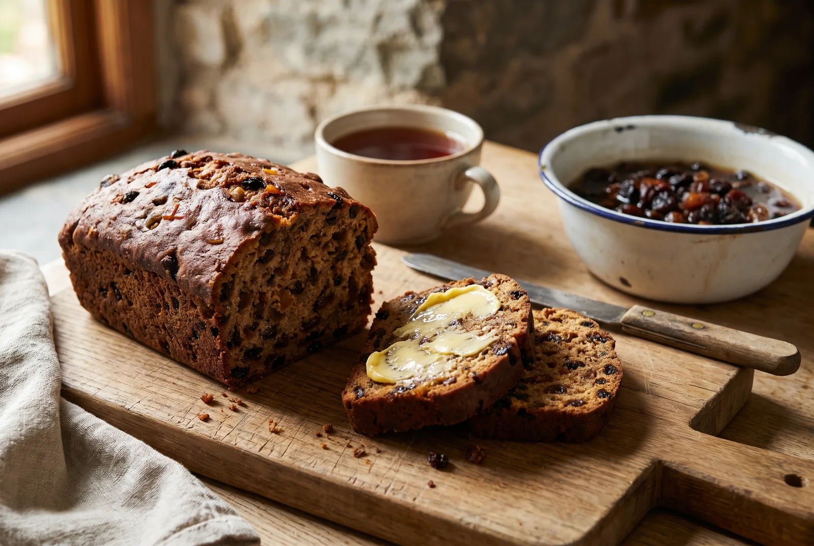 A sliced Welsh bara brith tea loaf on a wooden board, its crumb densely speckled with tea-soaked currants, sultanas and raisins, two slices spread with salted butter.