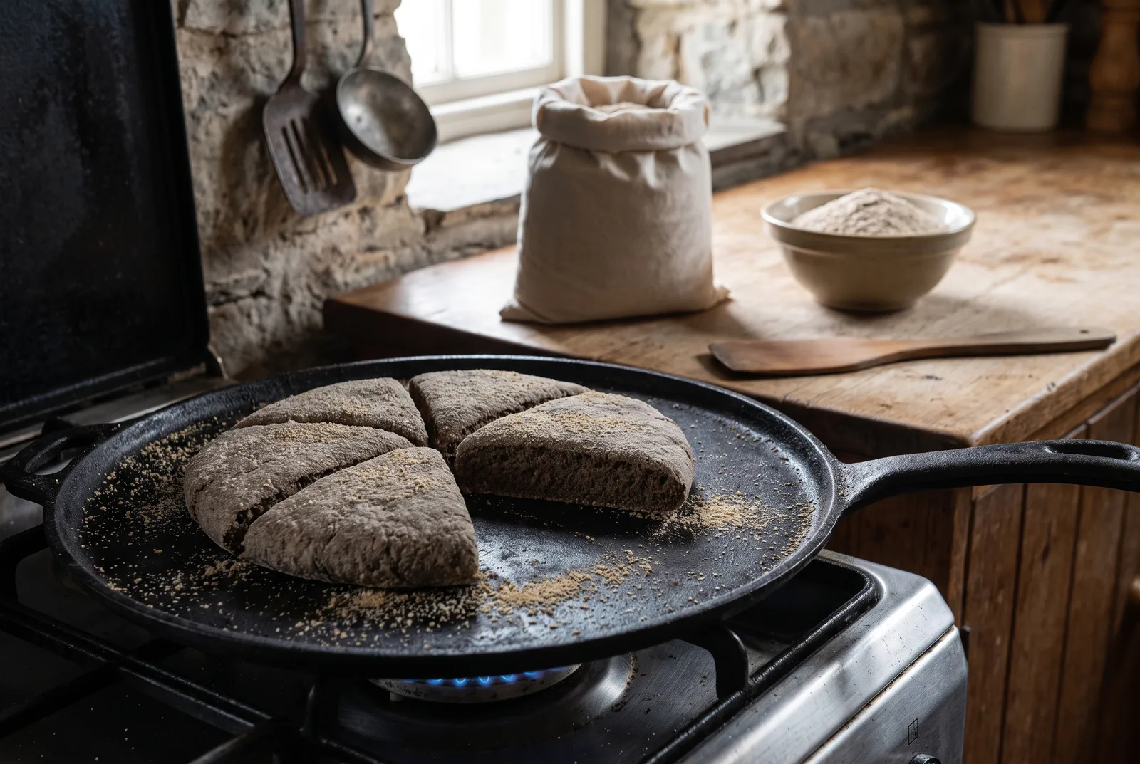 A dark, round beremeal bannock cooking on a flat cast-iron girdle over a flame, one cut into triangular farls to show a dense greyish-brown barley crumb.