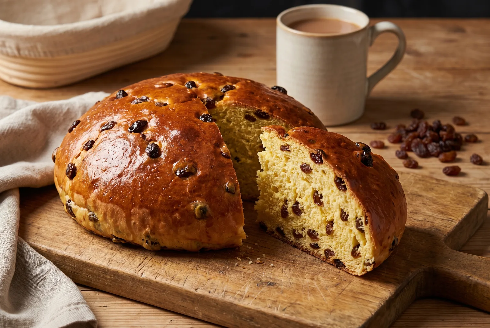 A golden, domed Selkirk bannock enriched loaf, glossy on top, one slice cut to reveal a soft buttery crumb packed with sultanas and raisins.