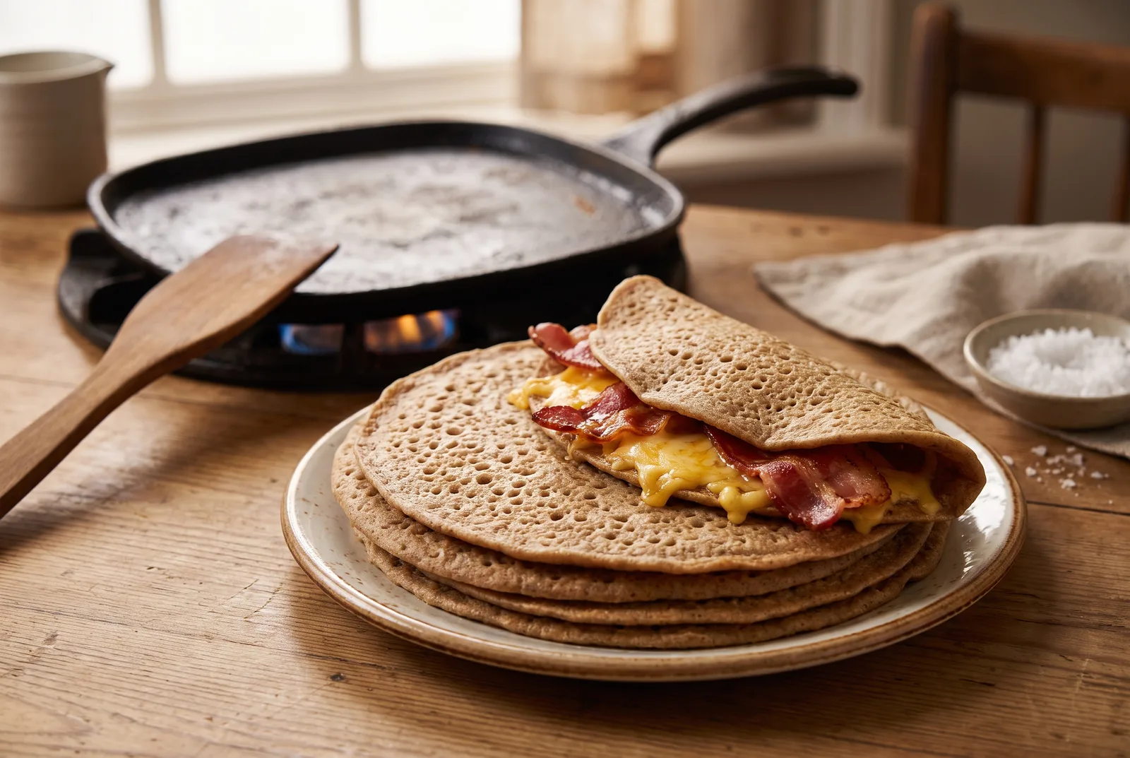 Two soft, flat, speckled Staffordshire oatcakes on a plate, one folded around melting cheese and bacon, showing the tender, lightly holey yeasted-oatmeal pancake texture.
