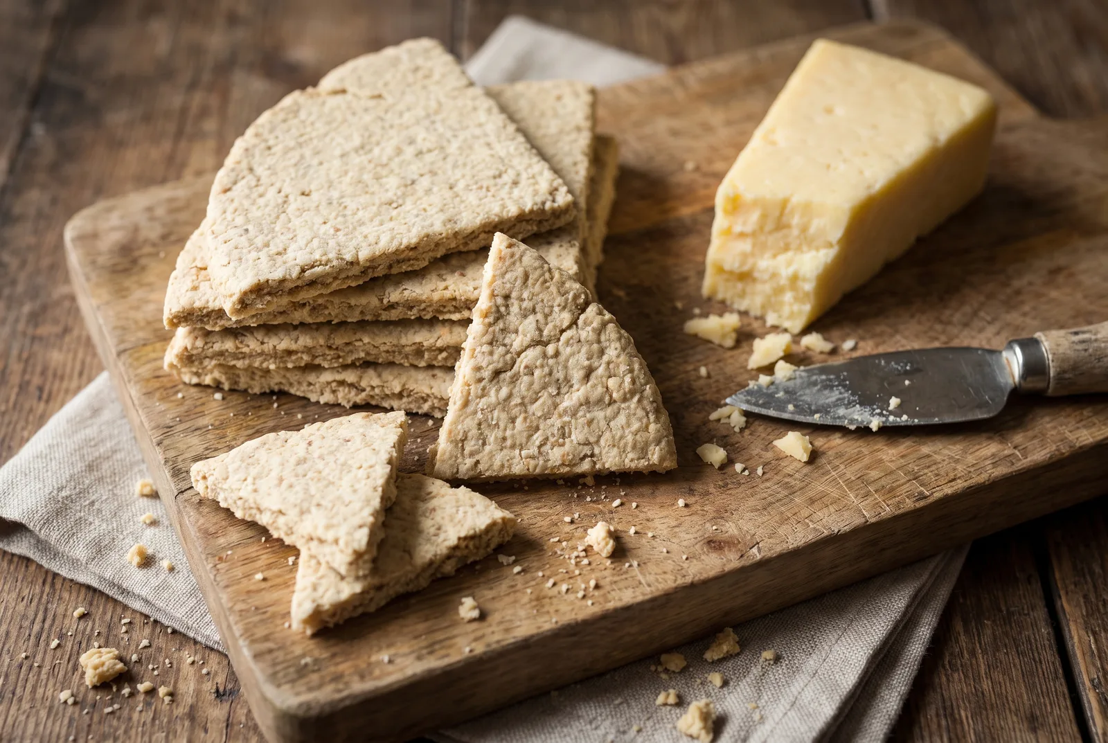 A stack of crisp, dry, pale Scottish oatcake biscuits, some cut into triangular farls, served with a wedge of hard cheese — a completely different bake from the soft Staffordshire oatcake.