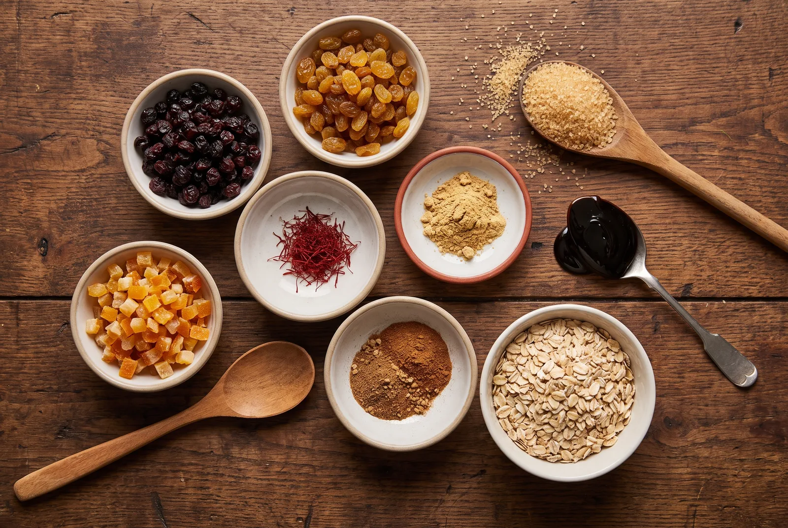 Overhead flat-lay of small bowls: currants, sultanas, candied mixed peel, saffron threads, ground ginger and mixed spice, with medium oatmeal and black treacle — the shared pantry of Cornish saffron buns, bara brith, parkin and Selkirk bannock.