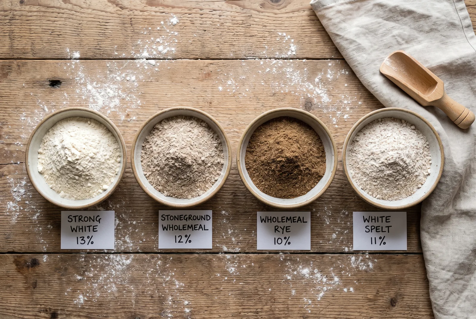 Four bowls of sourdough flours - strong white, wholemeal, rye and spelt - arranged from light to dark with type cards