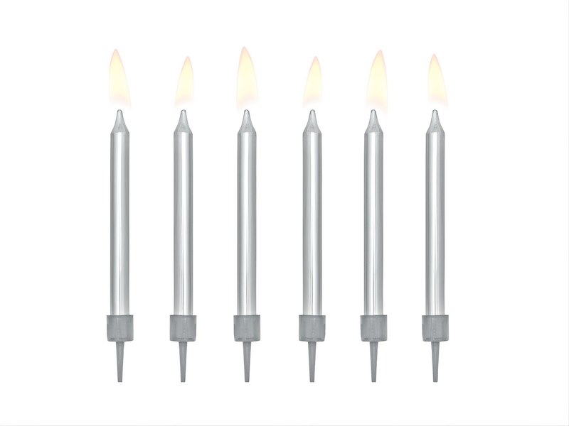 Birthday candles, plain, silver, 6cm (6 pc)